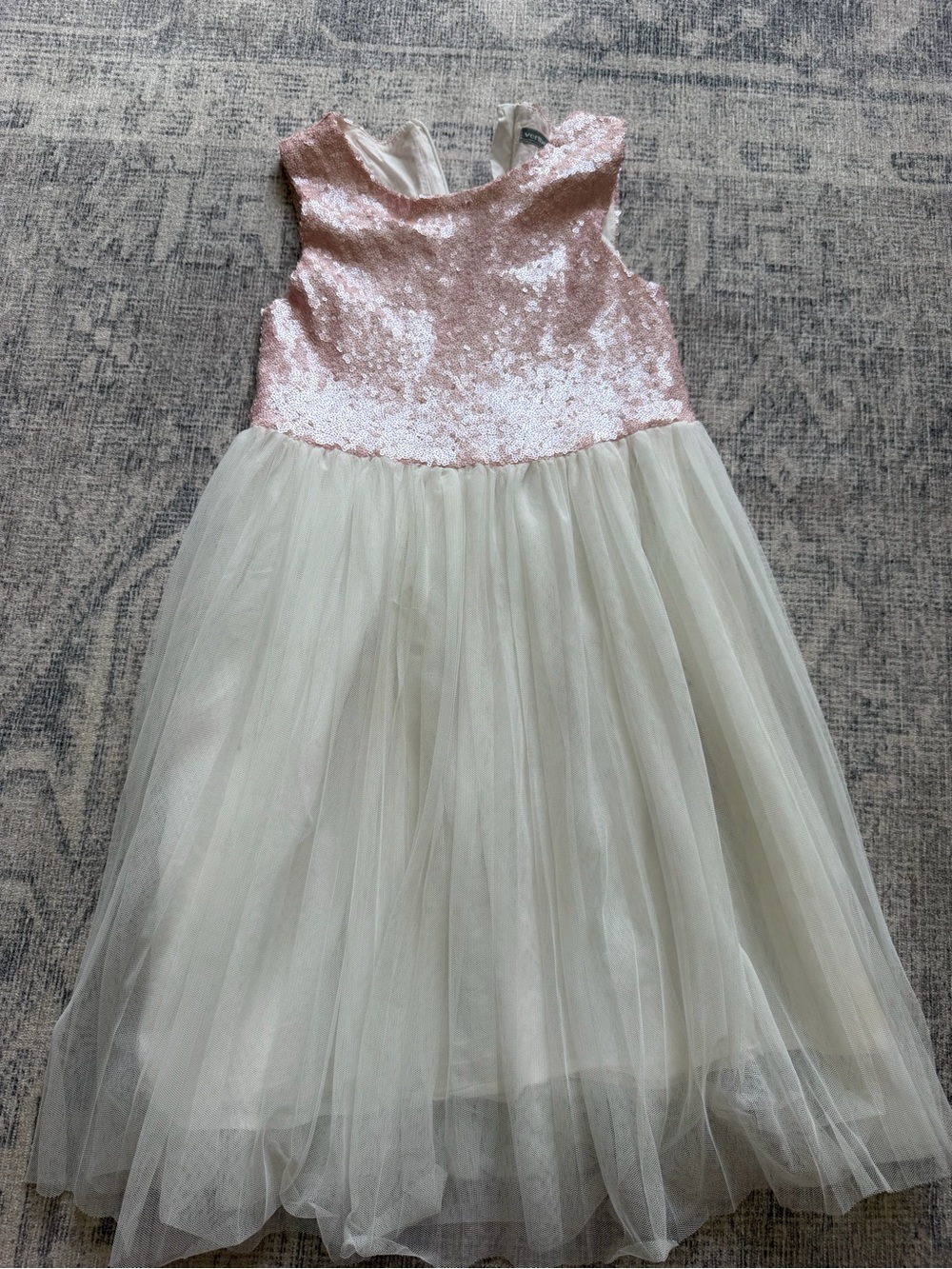 Girls Pink Sequin Bodice Ivory Tulle Party Dress